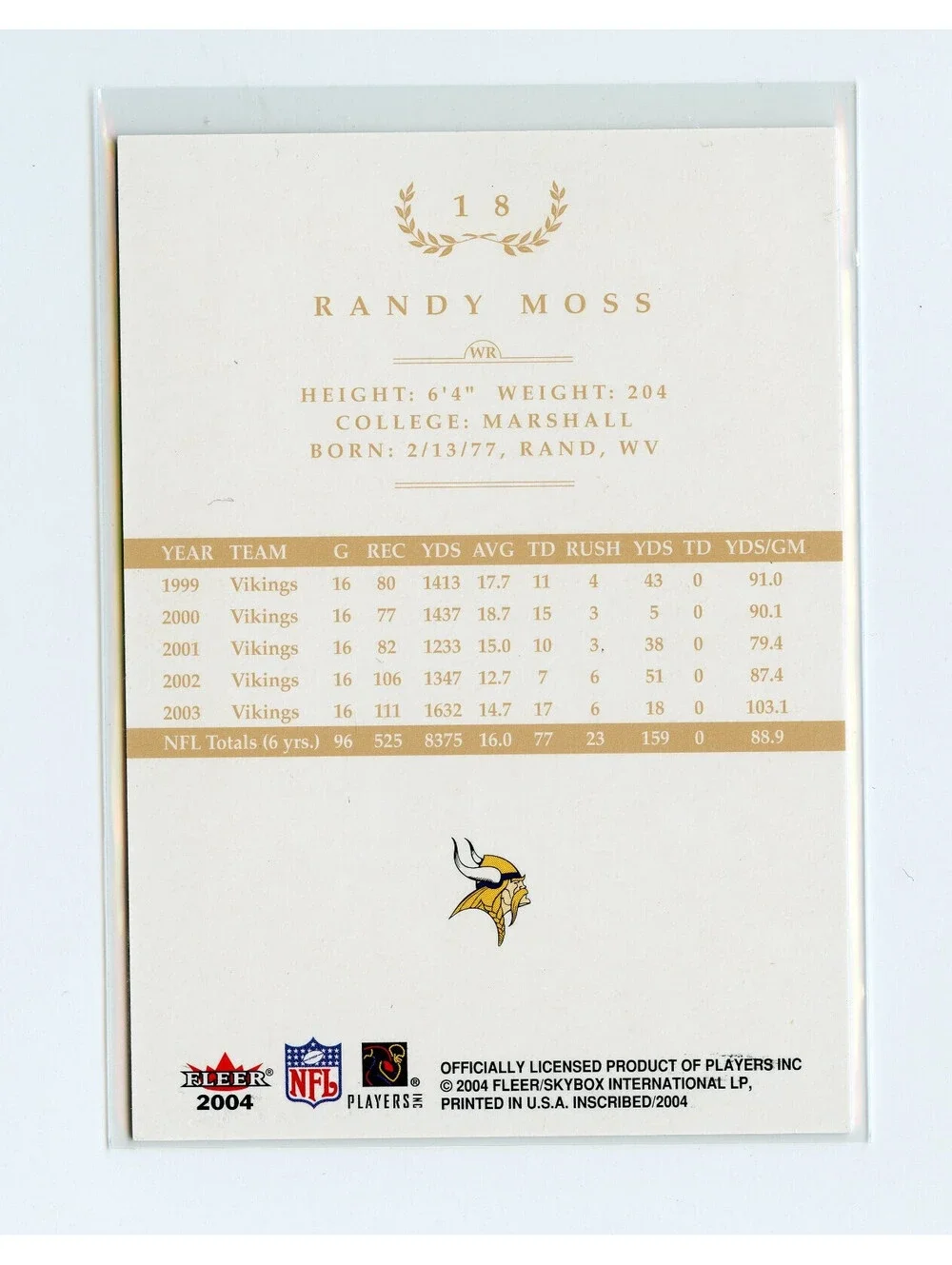 2004 Fleer inScribed - Randy Moss #18 Black Border Gold /199